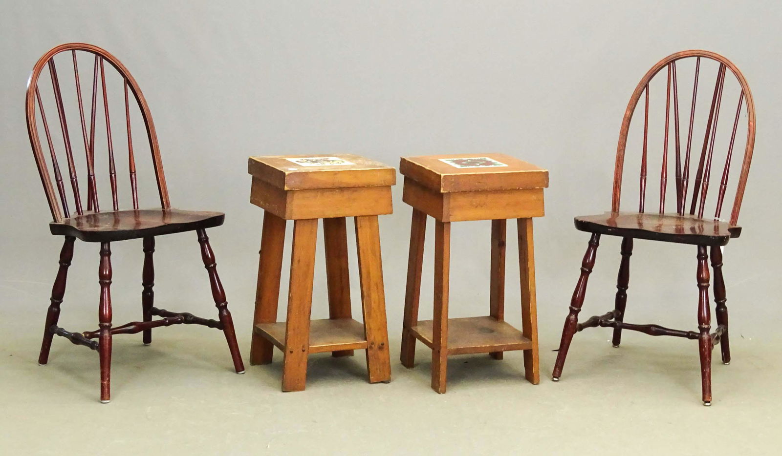 Misc. Lot: Misc. lot including pair of tile stands (12 1/2" x 12 2/3" x 24 1/2", both tiles broken), (2) vintage Windsor chairs.