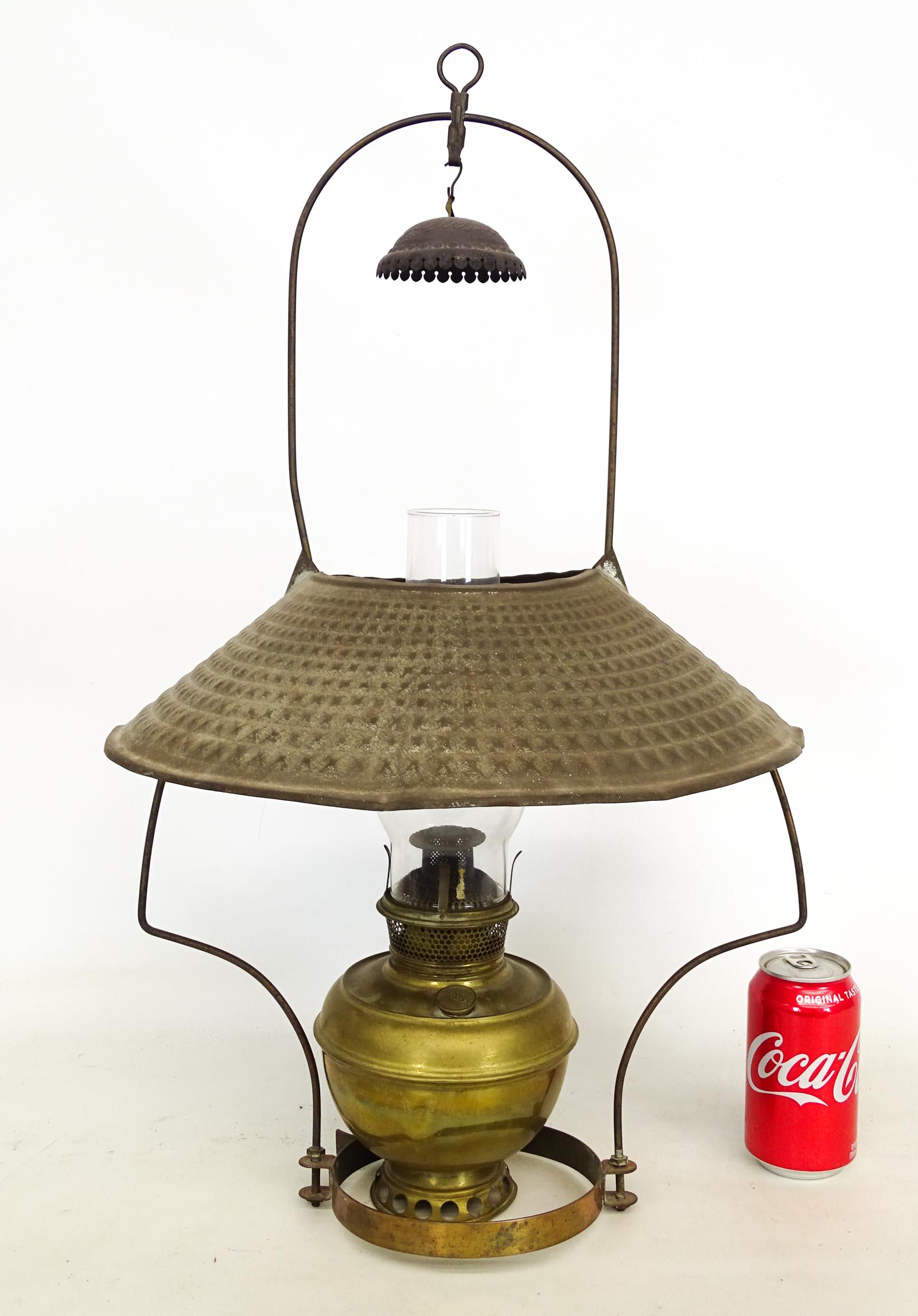 Hanging Lamp: C. 1900's hanging tin shade lamp. Approx. 29" Ht..