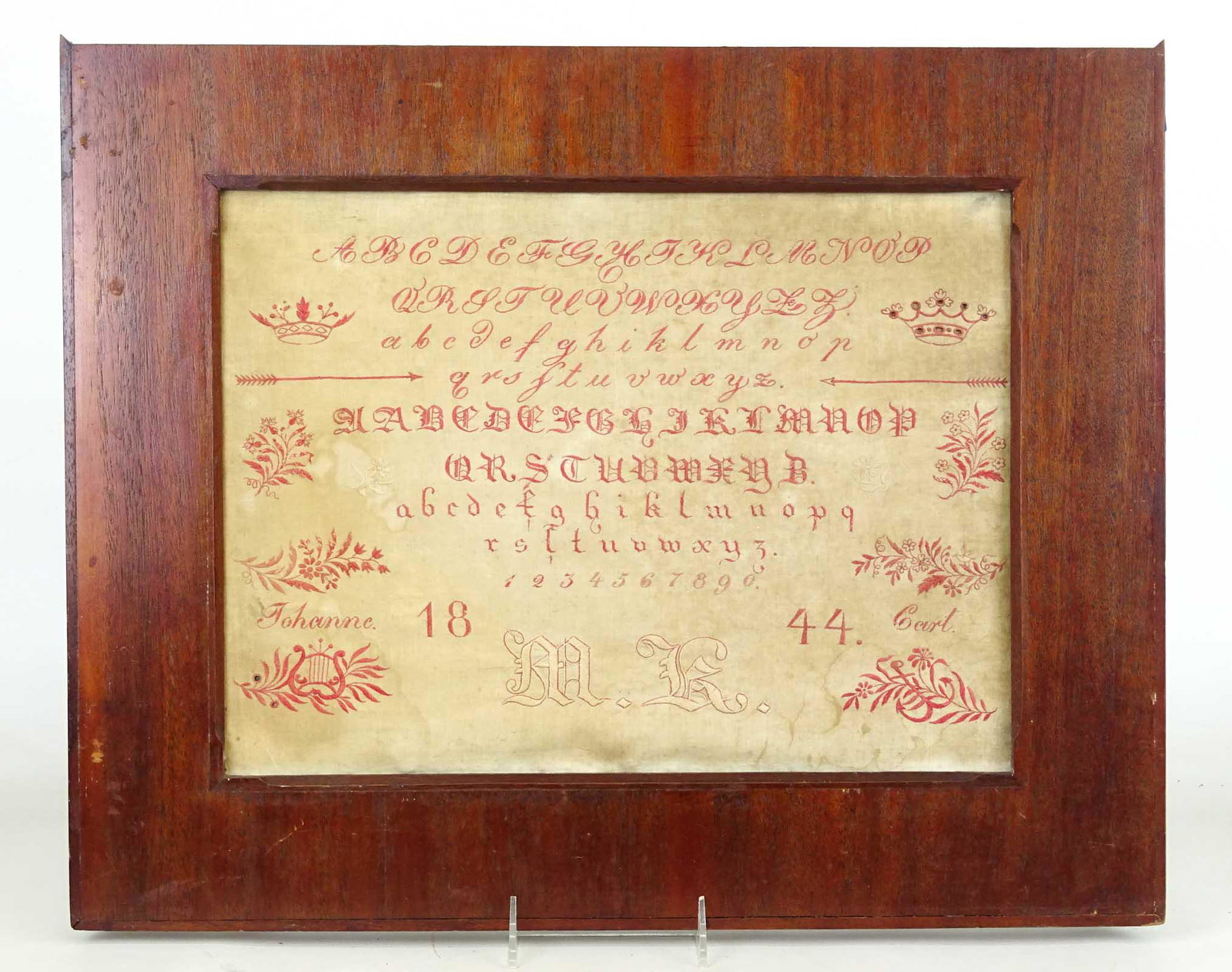 19th c. Needlework: 19th c. needlework dated 1844. No glass. Frame overall 17 1/2" x 21 1/2".