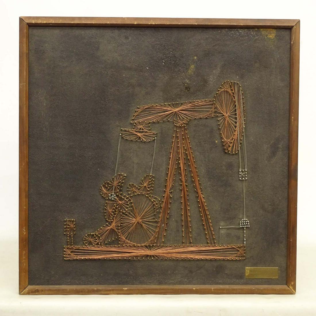 Mid Century Artwork: Mid Century wire artwork. Label LRC "HARVEY AND SHELLEY MAYBROWN / D. COULSON No. 1.-BROOKFIELD TOWNSHIP / NOBLE COUNTY, OHIO". 25" x 25 1/2".