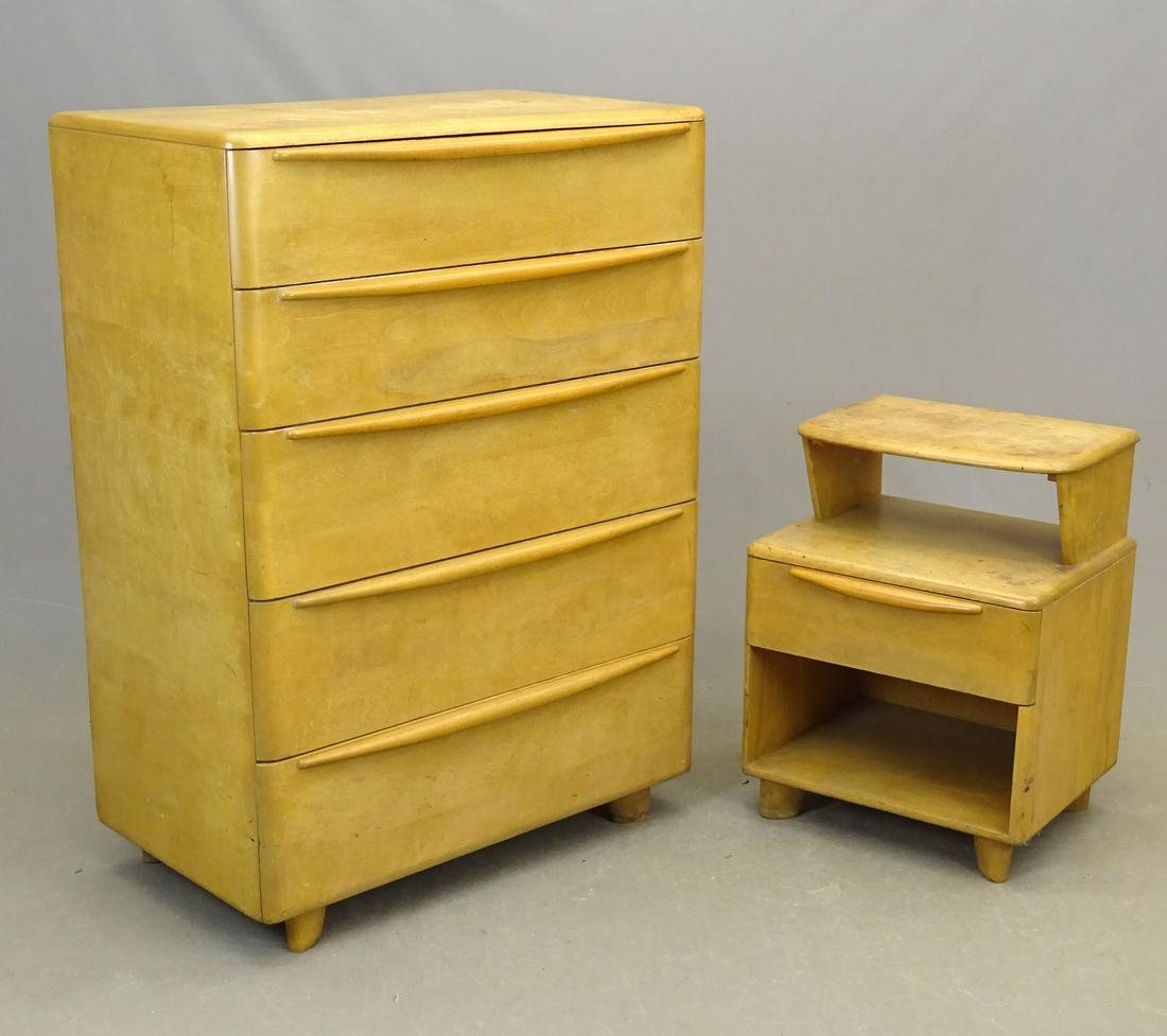 Heywood Wakefield Dresser & Stand: Heywood Wakefield dresser (33 1/2" x 19" x 47"), and stand (20" x 16" x 26").
