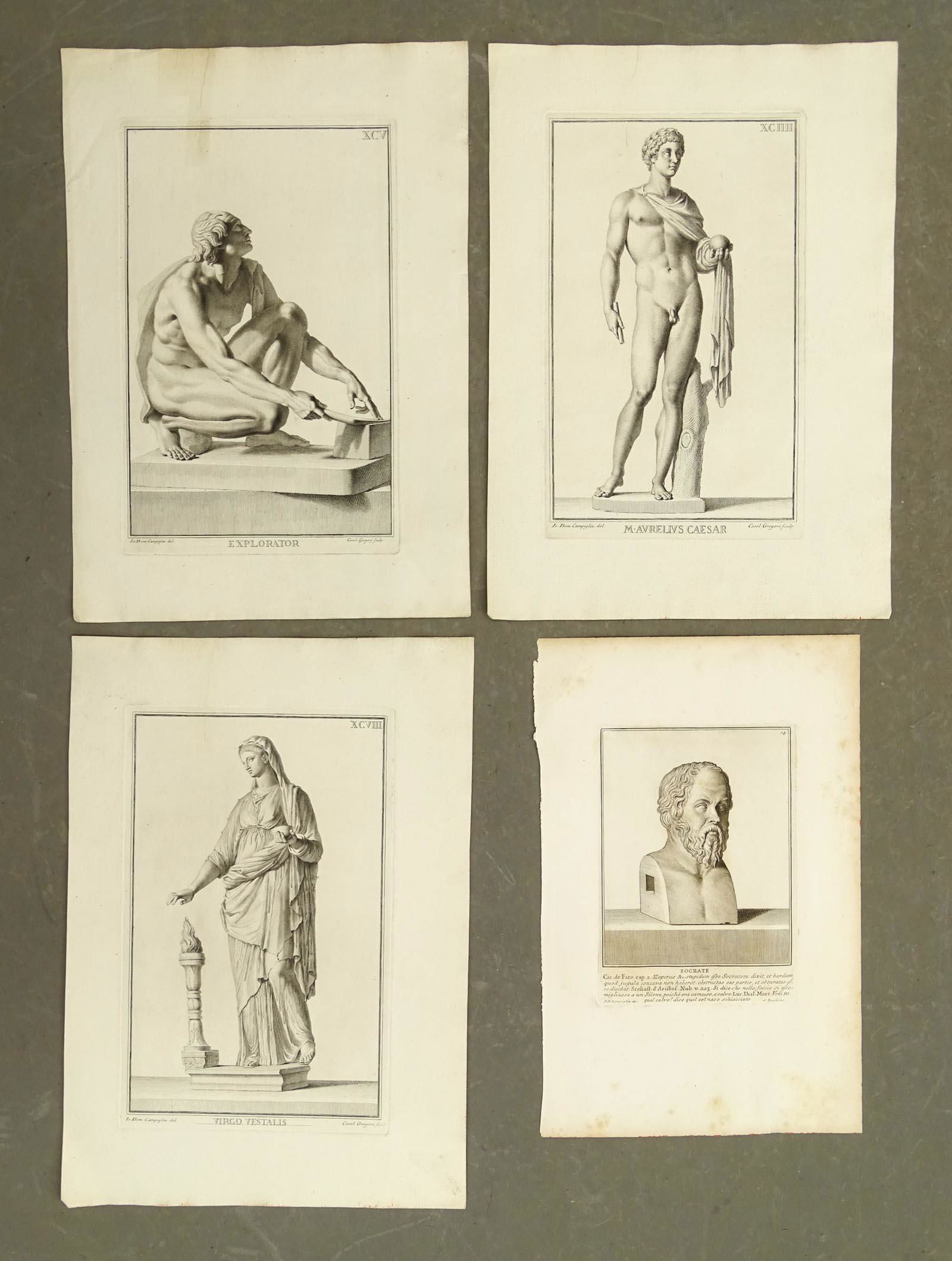 Old Master Prints of Sculpture (4): Giovanni Domenico Campiglia (1692-1768). Socrates. Vestal Virgin. Marcus Aurelius Caesar. Explorer. 4 engravings of statues. Italy, 18th Century. Largest 19" x 13 1/2".