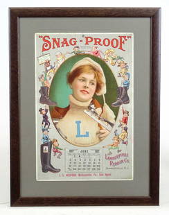 Palmer Cox Brownies Calendar: 1907 framed Palmer Cox Brownies Calendar "SNAG-PROOF / LAST RUBBER / FOOTWEAR / ON EARTH". Sight 12" x 7 1/2".