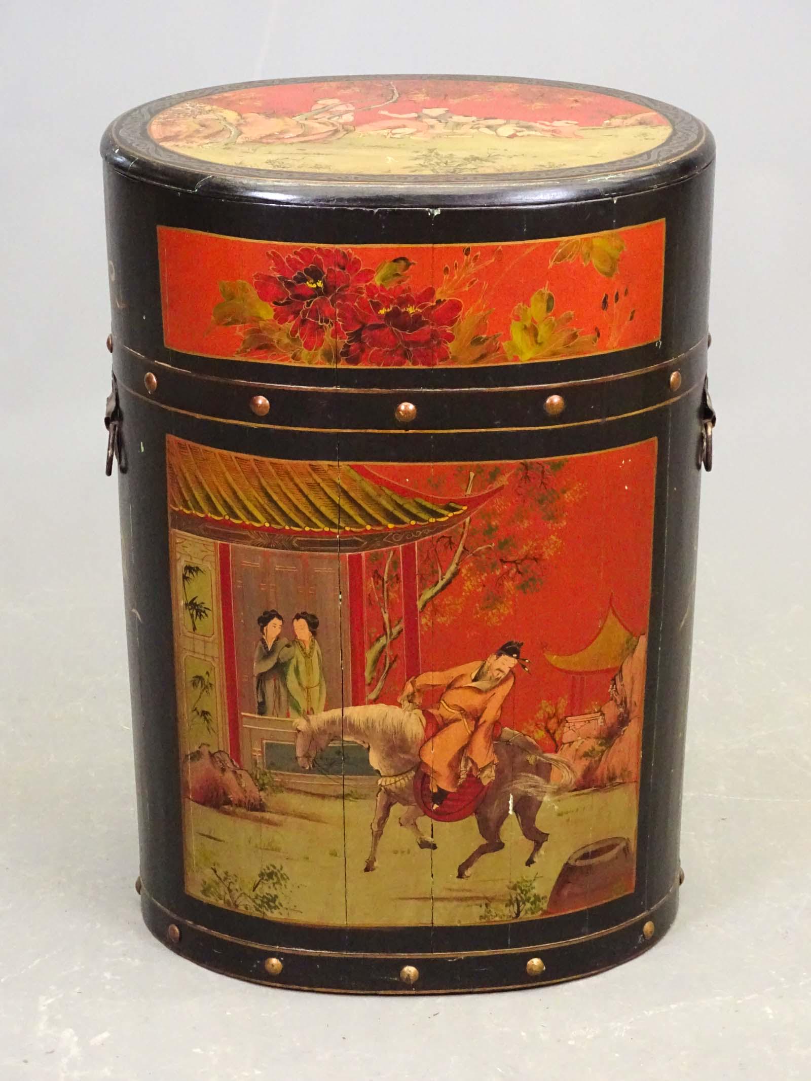 Asian Decorated Lidded Barrel: Asian decorated lidded wooden barrel. Side handles. 20" x 16" x 29".