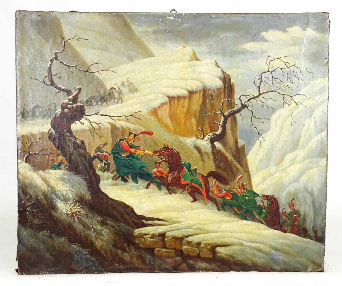 Continental School, Soldiers in Winter: Painting: Continental School, soldiers on horseback in winter, oil on canvas. 20 1/2" x 24 1/2".