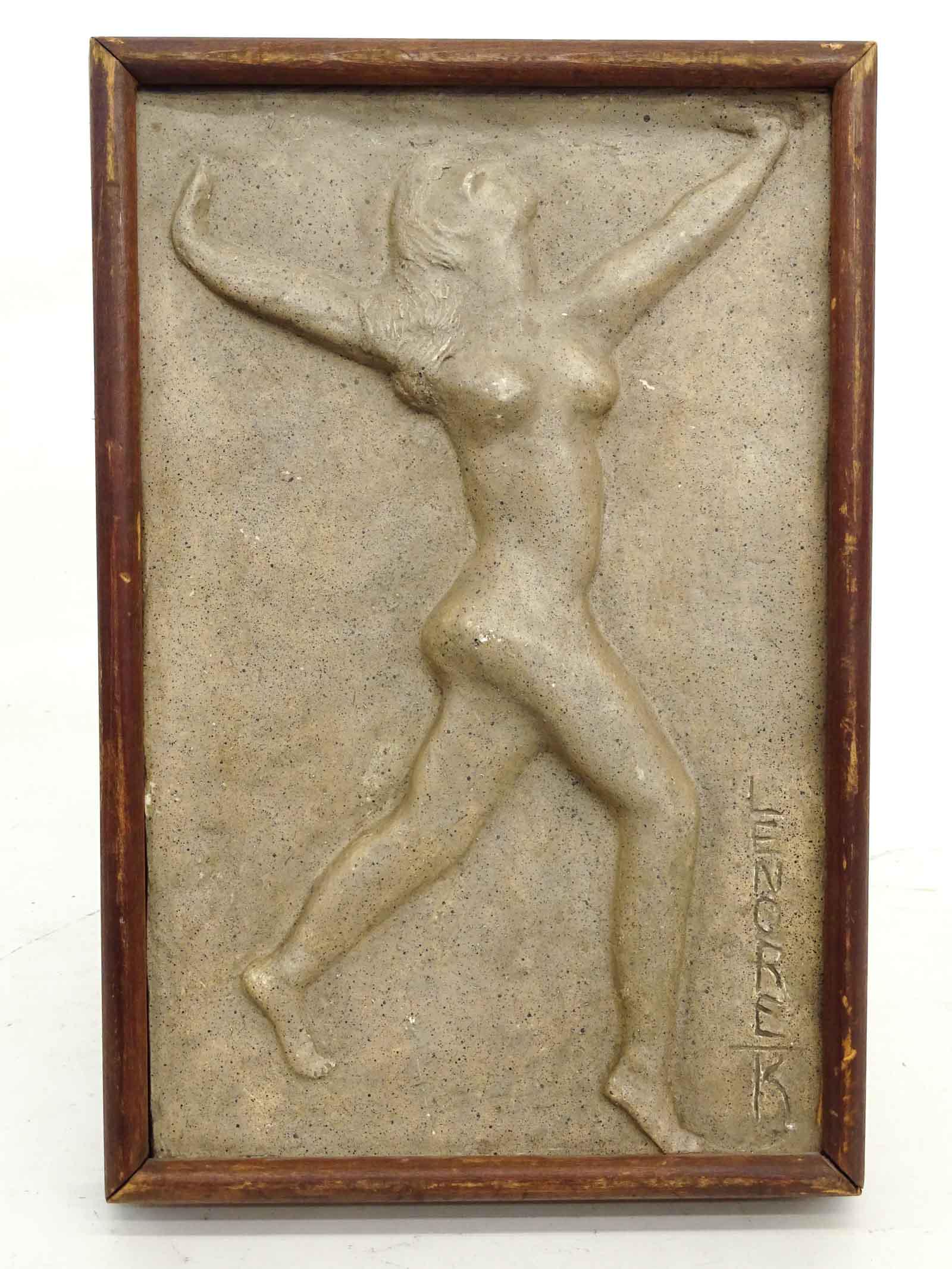 Plaster Framed Sculpture: Early plaster framed sculpture of a nude woman. Marked "LENORE K". Frame overall 14 1/2" x 10".