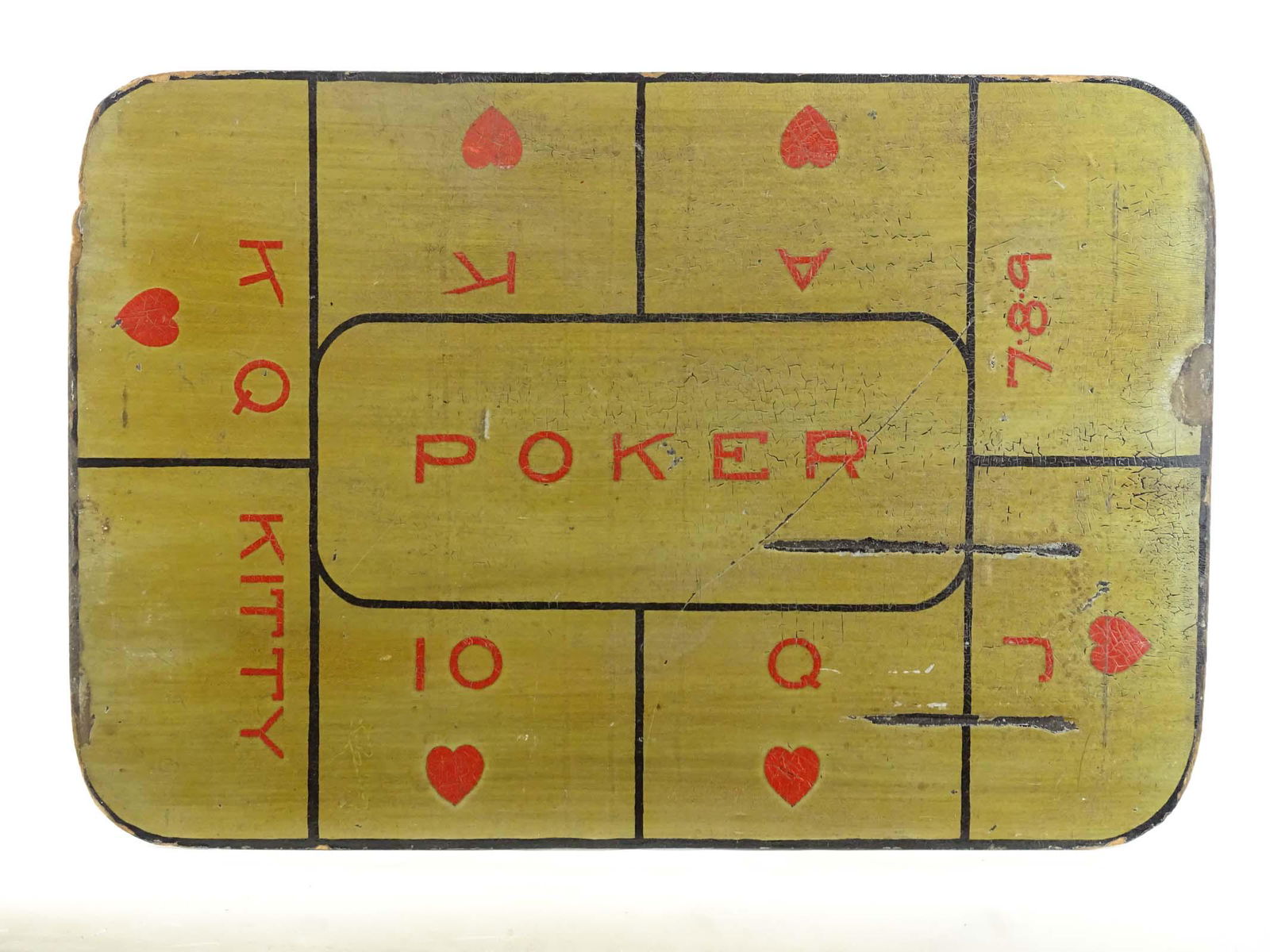 Game Board: Early painted masonite Poker game board. 33 1/2" x 23".