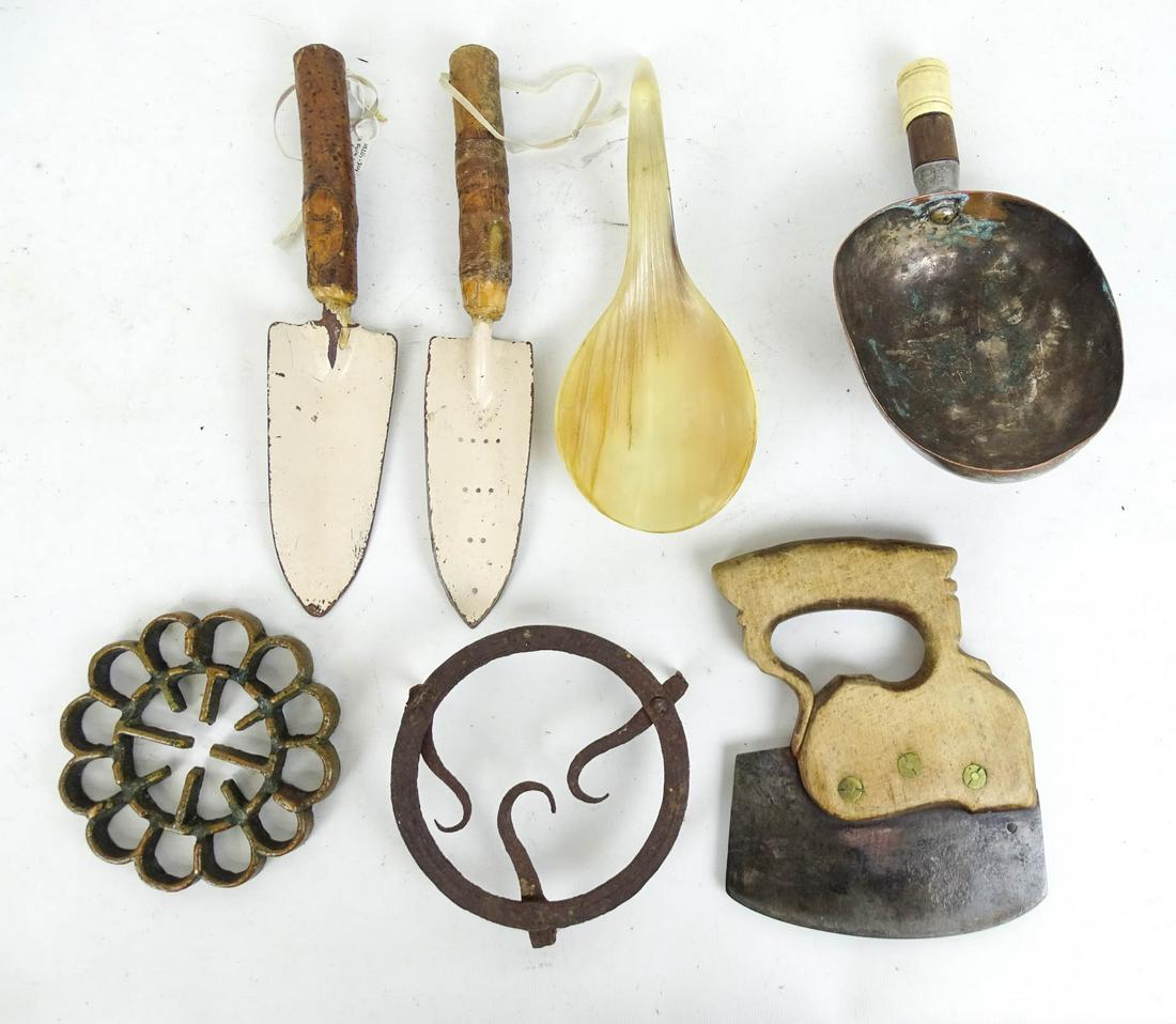 Misc. Lot: Misc. lot including chopper with carved stylized handle, (2) garden shovels with make do handles, bone and copper dipper, trivets, bone dipper.