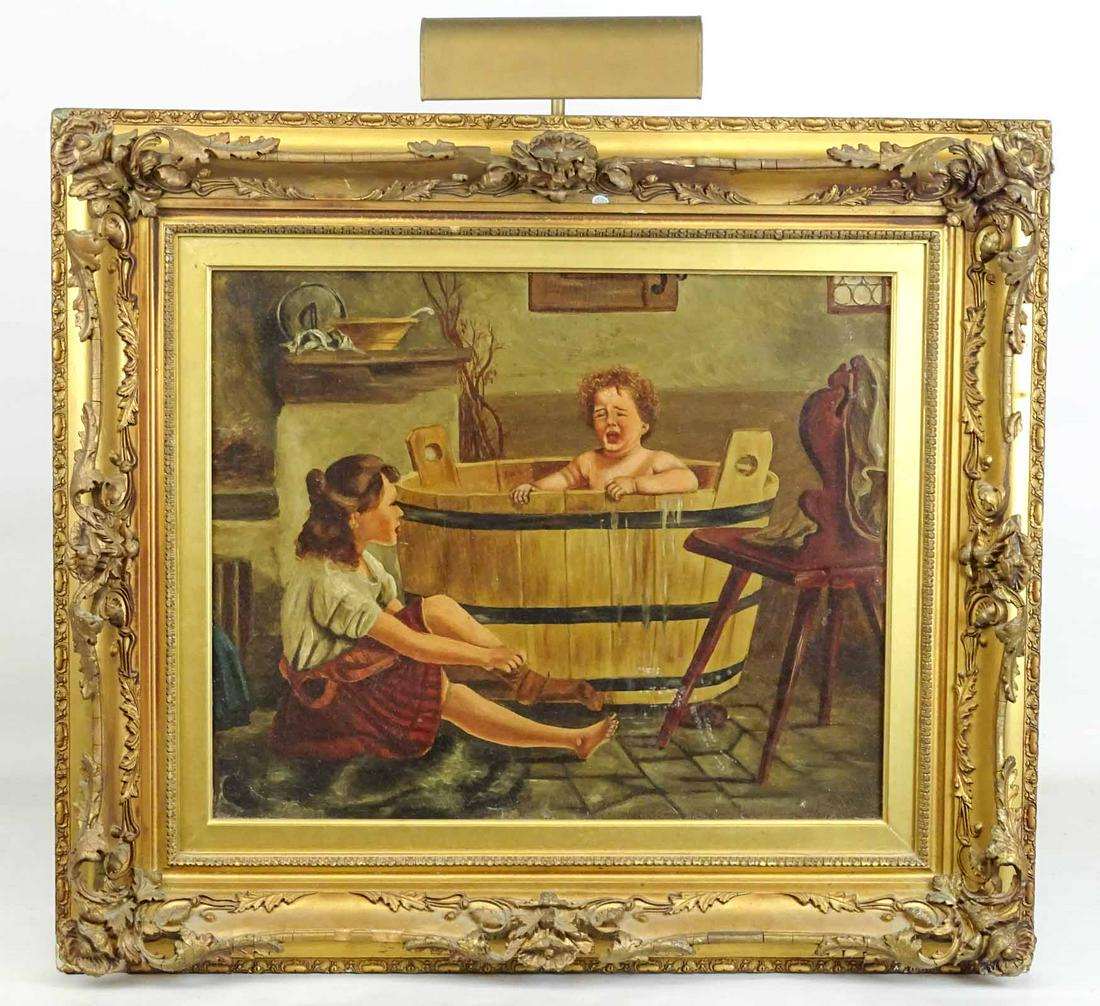 Painting, Child in Wooden Tub: Painting: Child in wooden tub crying, oil on masonite. 18 1/2" x 22 1/2", frame overall 27" x 31 1/2".