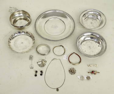 Sterling Silver Lot: Sterling silver lot. Includes Gorham bowls, Lundt porringer, "EXEMPLAR Paul de Lamerie London" dish (521 grams), along with various sterling jewelry.