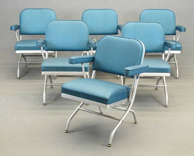 Set of (6) Warren MacArthur Chairs: Set of (6) Warren MacArthur folding aluminum armchairs. C. 1930's, blue viny, some imperfections to fabric. 19" seat Ht., 31" overall Ht..