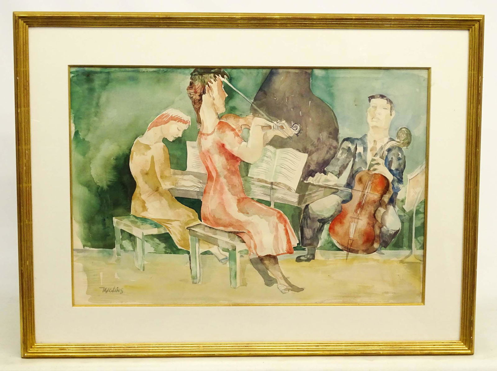 Joseph Wolins (1915-1999): Joseph Wolins (1915-1999), musicians, watercolor, signed LLC. Sight 20" x 29 1/2".