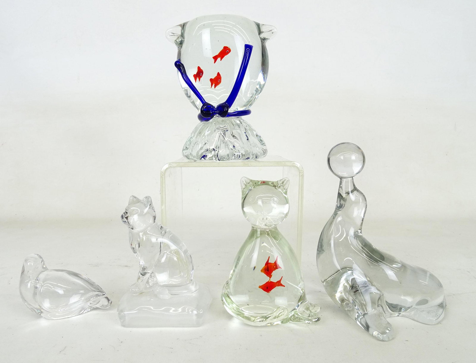 Paperweight Lot: Lot (5) glass paperweights. Tallest 6 1/2" Ht.. Seal with ball, small bird marked Val St. Lambert.