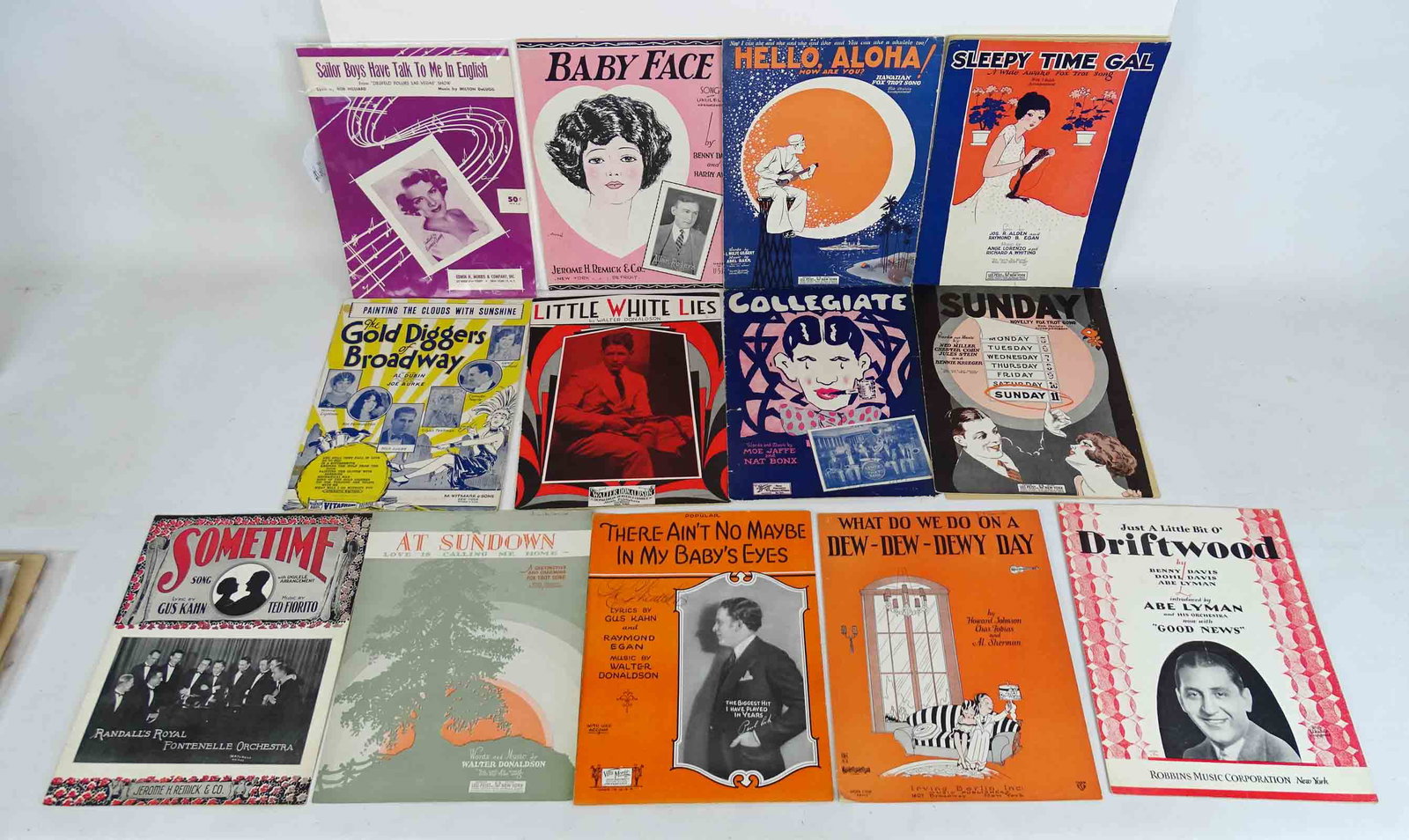 1920-50 Sheet Music Lot: (12) pcs 1920's sheet music including: Hello Ahoha, Baby Face, Sleepy Time Gal, LIttle Whites Lies, The Gold Diggers of Broadway, Sunday, Collegiate, At Sundown, Sometime, etc.; and 1950's "Sailor boy
