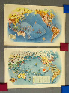 Covarrubias Pacific Asia Pictorial Maps (2): Maps of the Pacific, Golden Gate International Exposition. NY, 1942. Miguel Covarrubias (1904-1957). 2 Maps: Peoples and Economy. Australia, Hawaii, Asia, Americas. .