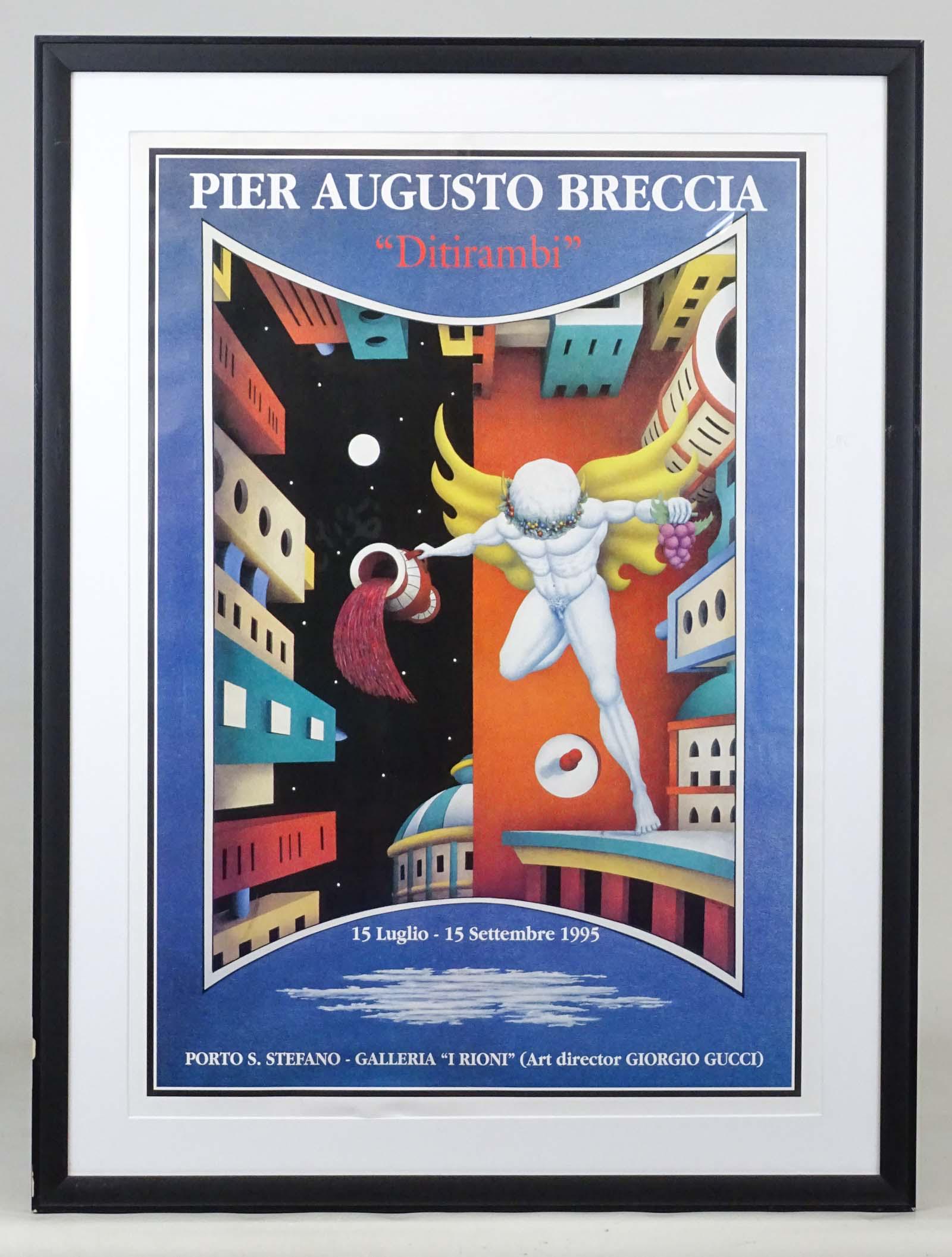 Italian Modernist Art Poster: Pier Augusto Breccia (1943-2017). Ditirambi. Poster with image of Dionysus, Greek mythology, as nude male, in surrealist setting. 1995. Framed. Sight 27" x 19 1/2", frame overall 32 3/4" x 25", frame 