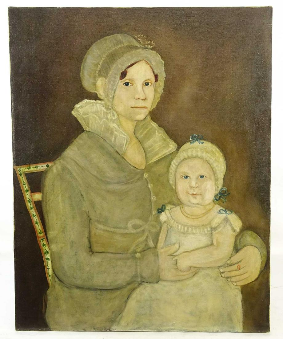 Painting, Portrait of Mother and Child: Painting: 20th Century portrait of mother and child, style of Ammi Phillips. Unframed, oil on canvas. 30" x 24".