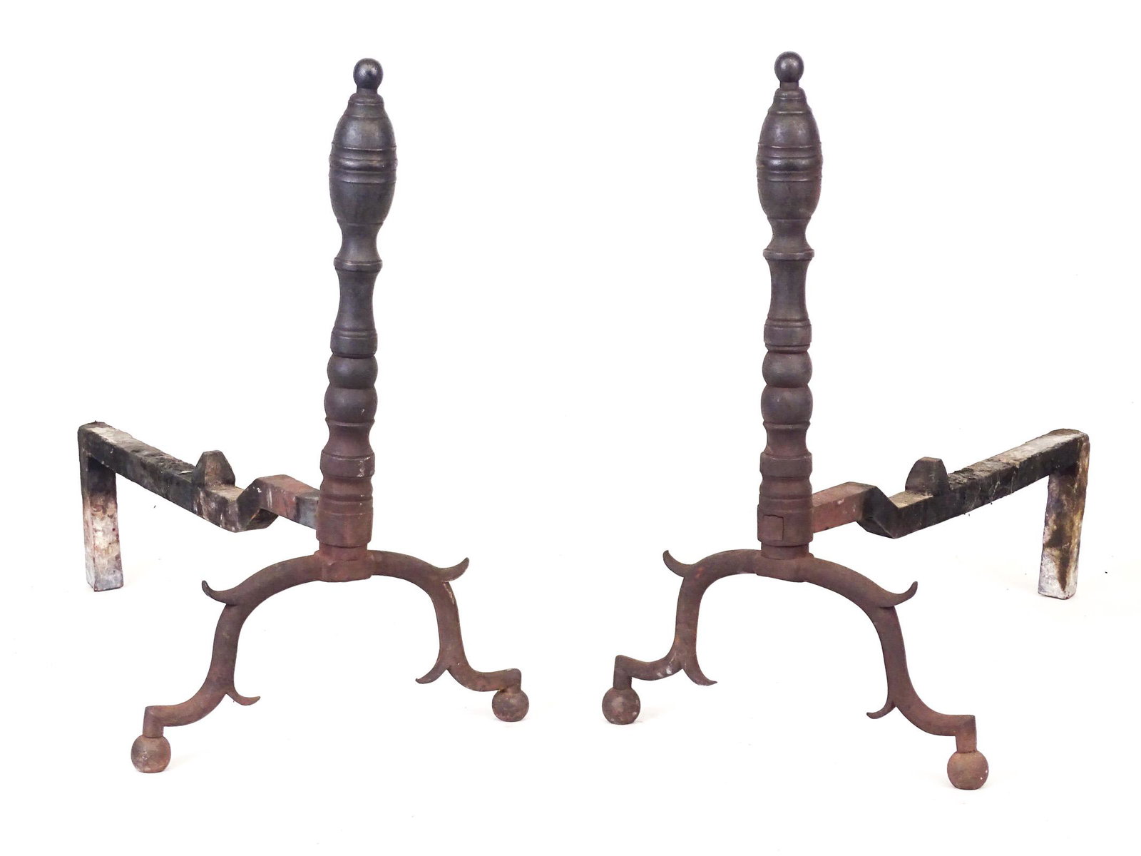 Pair 18th c. Andirons: Pair 18th c. rifle steel lemon top andirons. 19" Ht., 20" D..