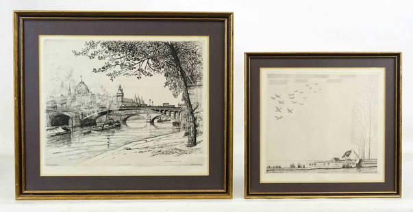 Louvre Stamped Etchings: Lot (2) Louvre stamped etchings including "LE VOL DE CANARDS (GRANDE BRIERE" / EAU-FORTE ORIGINALE DE J. E. LABOREUR" (sight 10" x 11", frame overall 13" x 13 3/4"), the other; "CAROLINE ARMINGTON / C