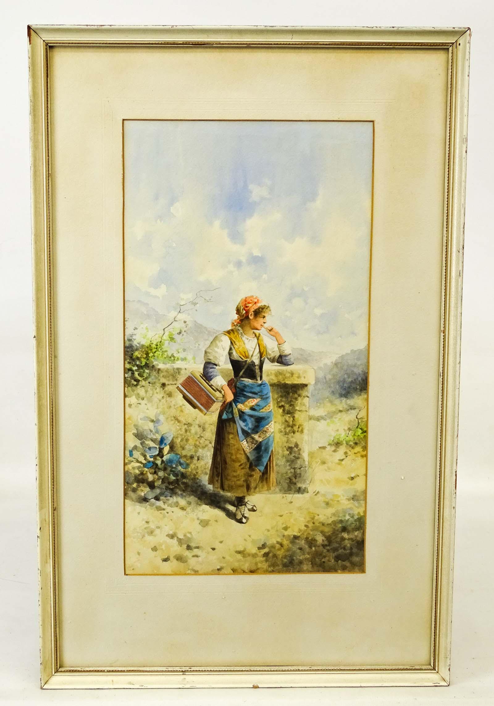 Continental School, Watercolor of Woman: 19th c. Continental School, watercolor of a woman. Sight 19" x 10", frame overall 27 1/2" x 17 1/2". Signed LLC.