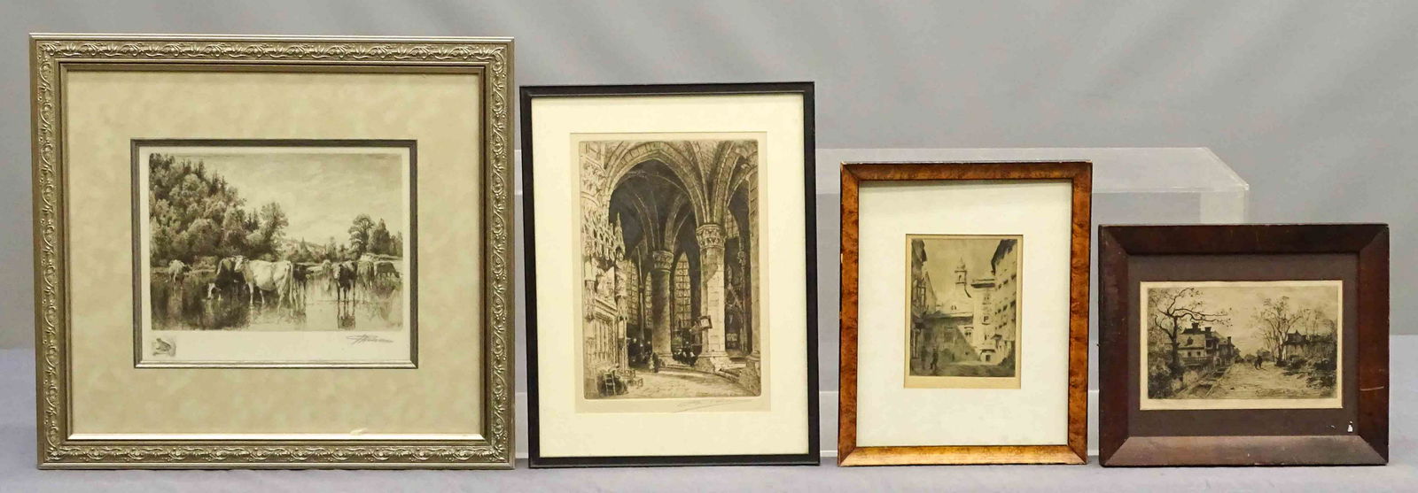 Artwork Lot: Lot (4) pieces of artwork including: Etching pencil signed Peter Moran (1841-1914), sight 10" x 12", frame overall 19" x 20 1/2", Continental etching (sight 7" x 5", frame overall 13 1/2" x 11", Conti
