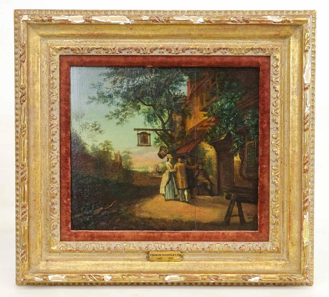 Attributed to Francis Wheatley (1747-1801): Painting: Attributed to Francis Wheatley (United Kingdom, England, Ireland 1747-1801), street scene with tavern, oil on wood panel. 11 1/4" x 12 3/4", frame overall 17 1/2" x 19".