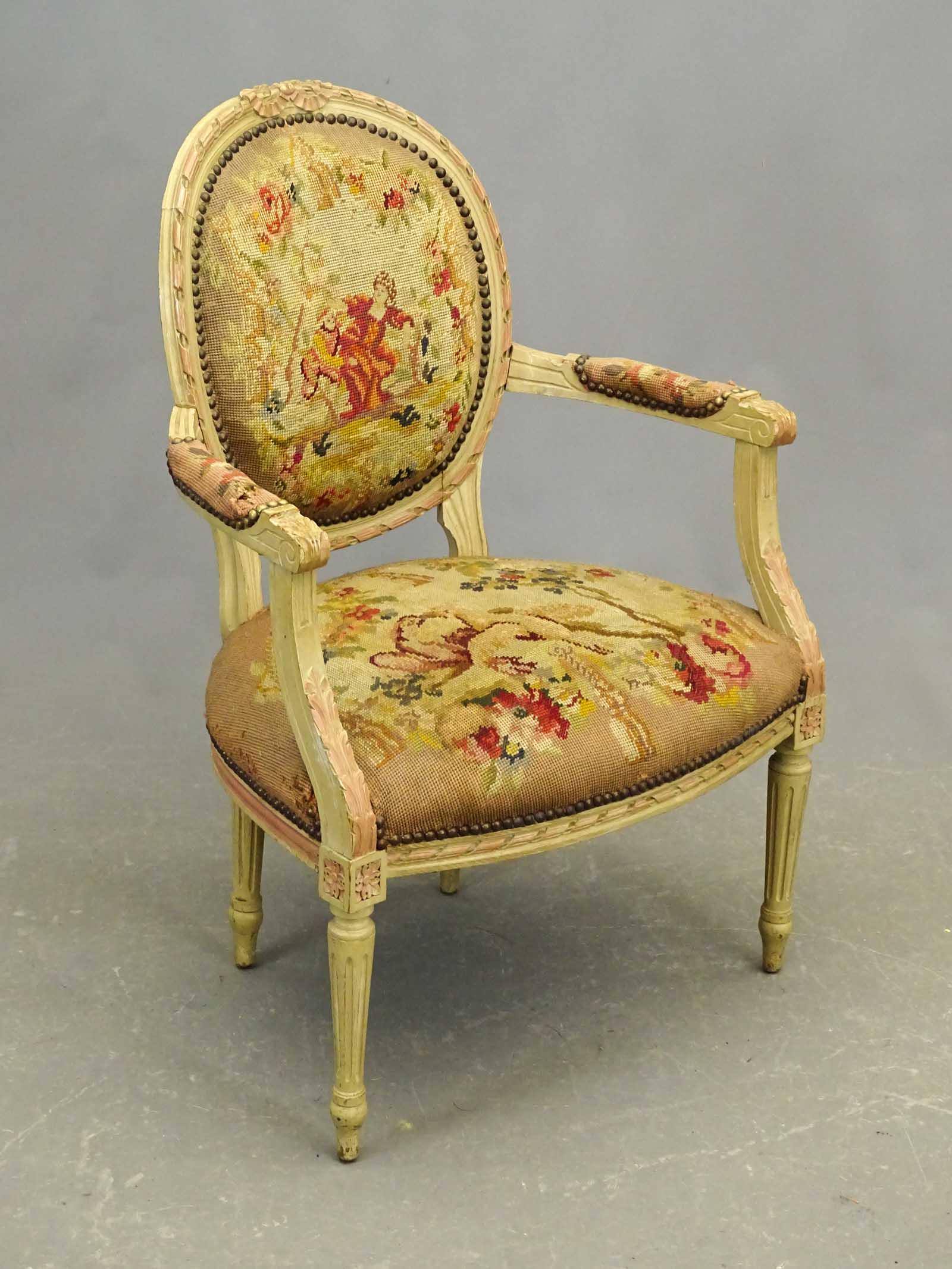 French Armchair: French armchair.17" seat Ht., 35" overall Ht..