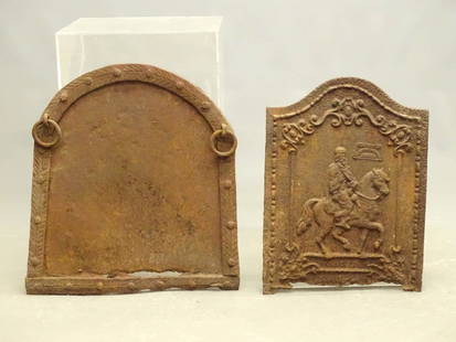 Early Cast Iron Firebacks: Lot (2) early cast iron firebacks. One foundry marked with man on horseback (22" x 16" and 23" x 20").