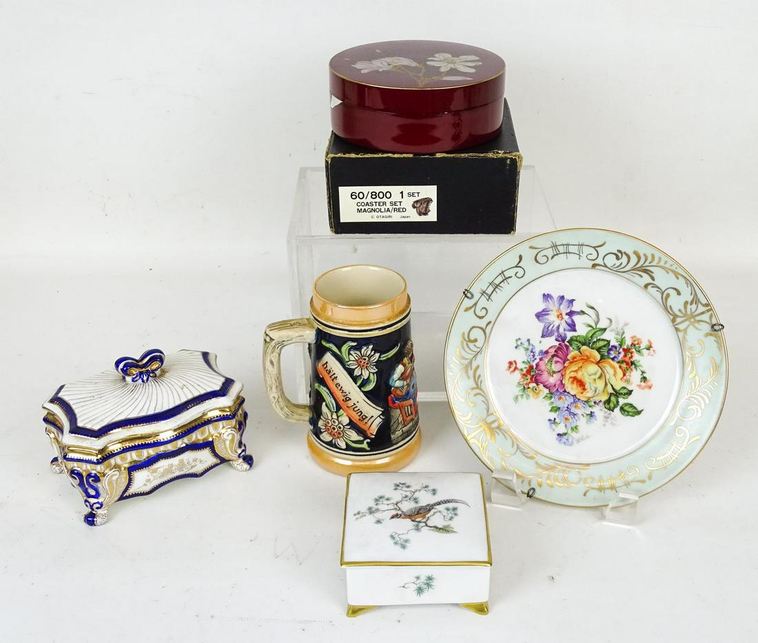 Misc. Lot: Misc. lot including porcelain covered boxes, stein, plated, coaster set in box.
