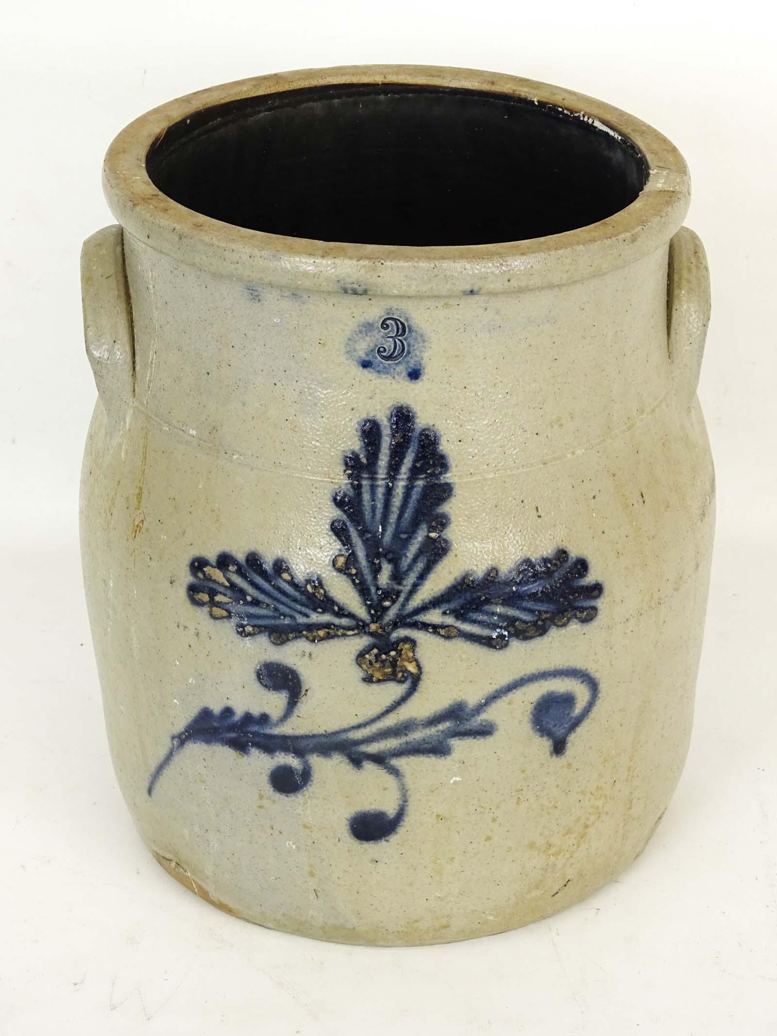19th c. Stoneware Crock: 19th c. 3 gallon decorated stoneware crock. 10" D., 12" Ht..
