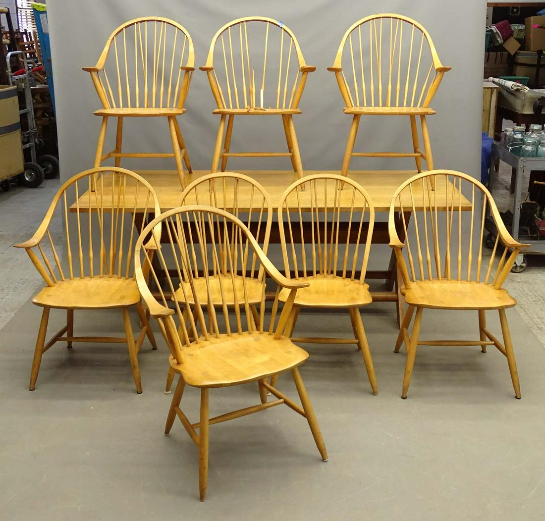 Sawbuck Table & Chairs: Maple sawbuck table (34 1/2" x 82 1/2", 29 1/2" Ht.), along with (8) chairs (as found, imperfections).