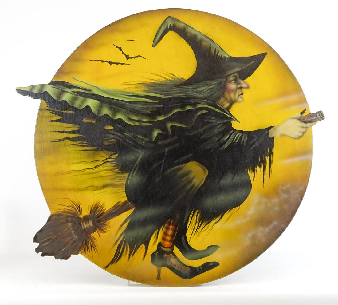 Painting of Witch on Wood Panel: Painting of Witch on wood panel. Signed verso. 37" x 32 1/2".