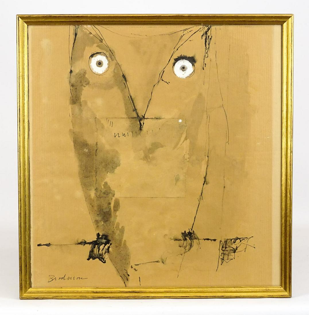 Owl Drawing by Broderson: Robert Broderson (1920-1992). Or possibly Morris Gaylord Broderson (1928-2011). Signed Broderson lower left. Pen ink mixed media collage on paper. Provenance: Miriam Thorne Gilpatric. Sight 17 1/2" x
