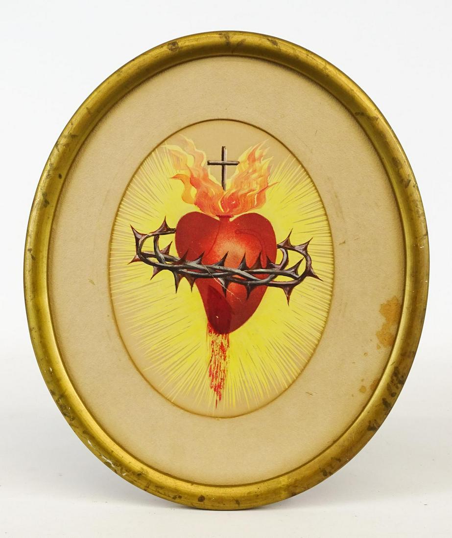 Sacred Heart Antique Painting: The Sacred Heart as a flaming heart emitting divine light, surmounted by a cross, pierced by a lance wound and encircled by a crown of thorns. Catholic devotion. Gouache or tempera on card. Early 20th