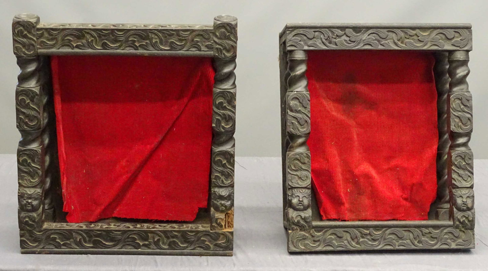 Pair Carved Wall Shelves: Pair carved wooden wall shelves. 17 1/2" x 7 1/2" x 19 1/2".