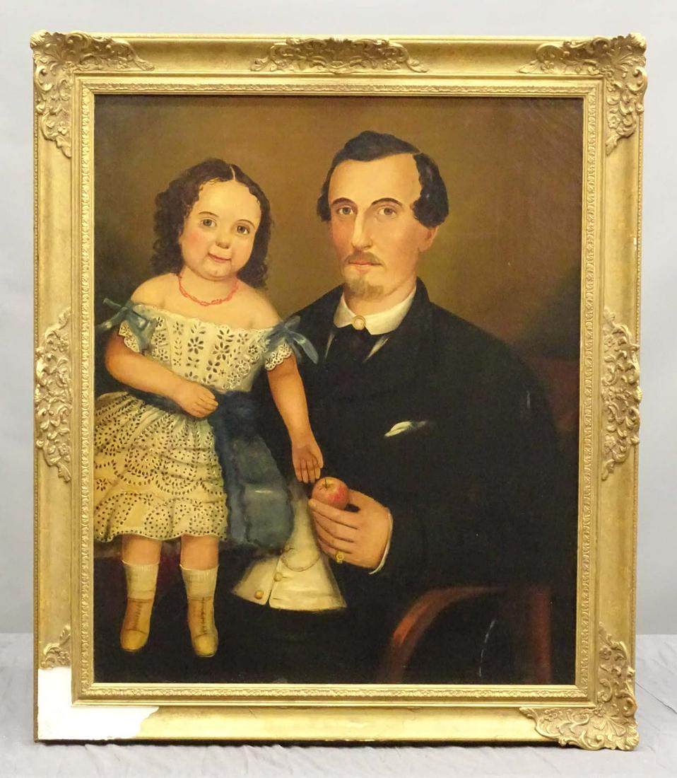 Folk Art Americana Portrait Painting: Father with daughter posing in formal pretty lace dress. The father holds an apple. Oil on canvas. American 19th Century. Provenance; Allan Stone Gallery, New York City. 29" x 25", overall 35" x 30".