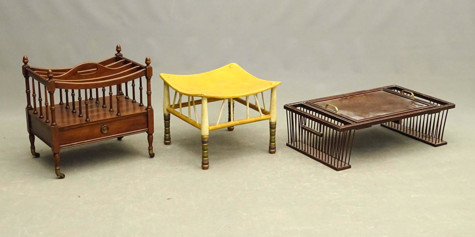 Misc. Lot: Misc. lot including decorative Canterbury (19" x 13" x 19"), stool (16" x 16" x 14"), and serving tray (29" x 16 1/2" x 8 1/2").