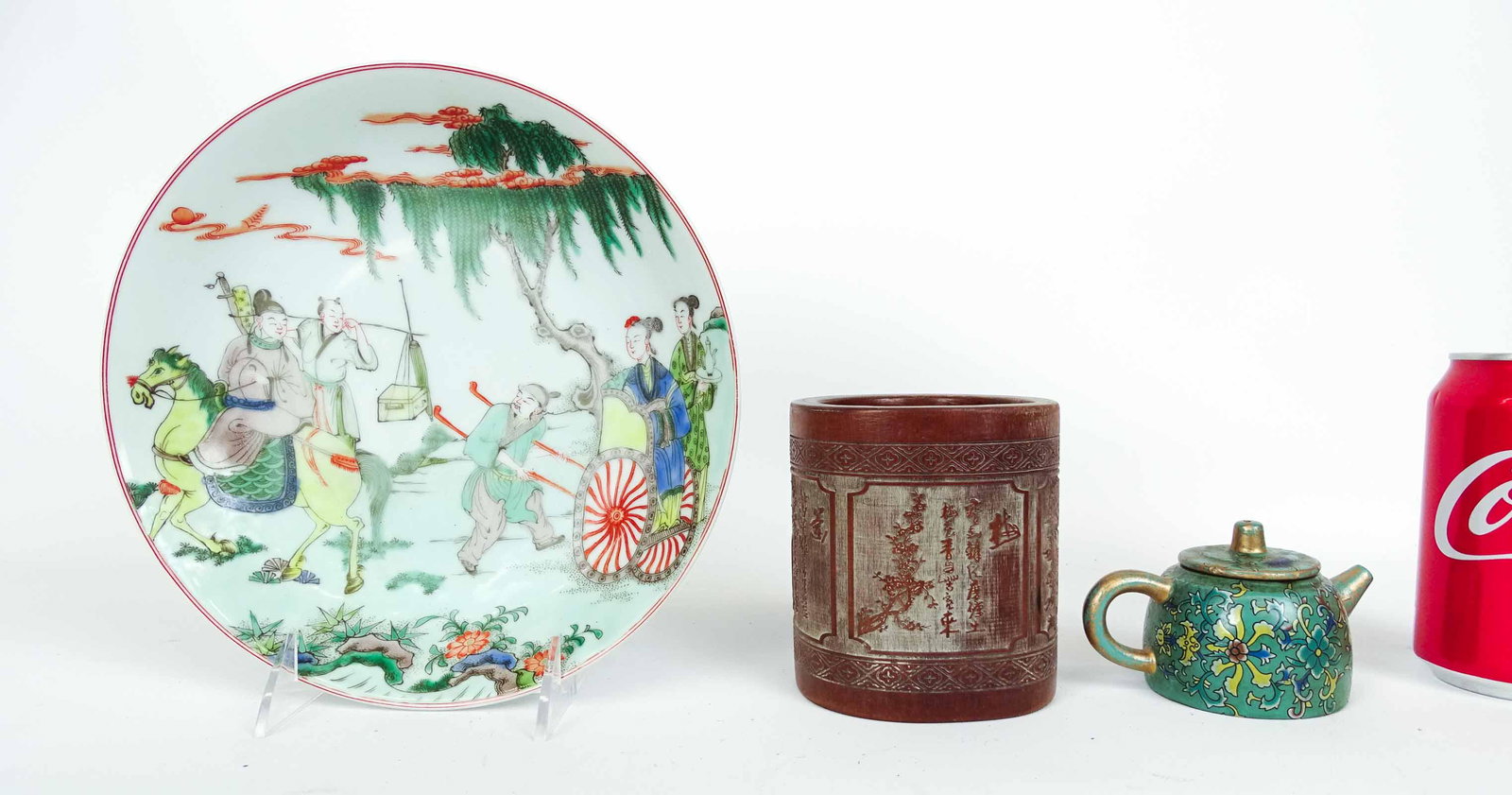 Asian Lot: Asian lot including brush pot, ceramic plate and teapot.