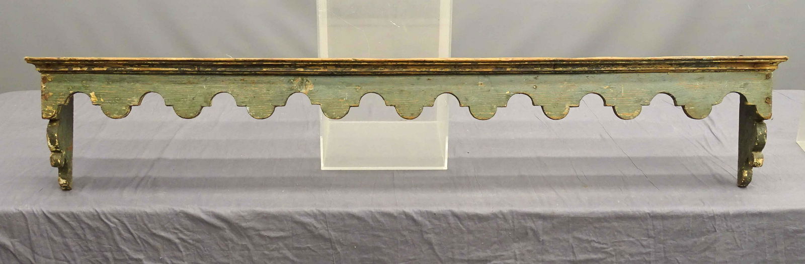 Early Valance: Early scalloped valance in blue/green paint. 62" W. x 6 1/2 D. x 11 1/2 Ht..