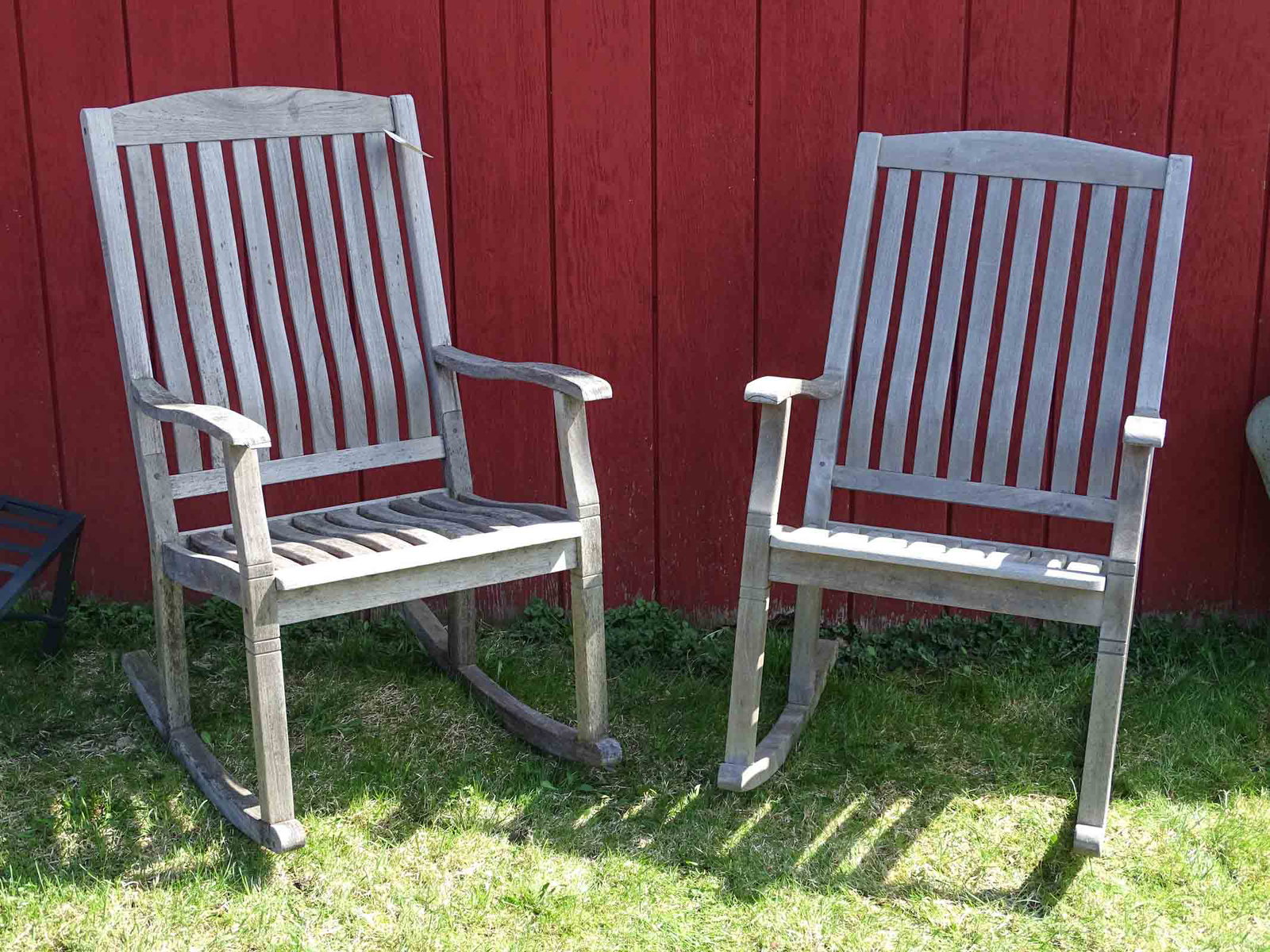 Pair of Teak Rockers: Pair of teak armed rockers. 44 1/2" Ht. x 20" seat Ht..