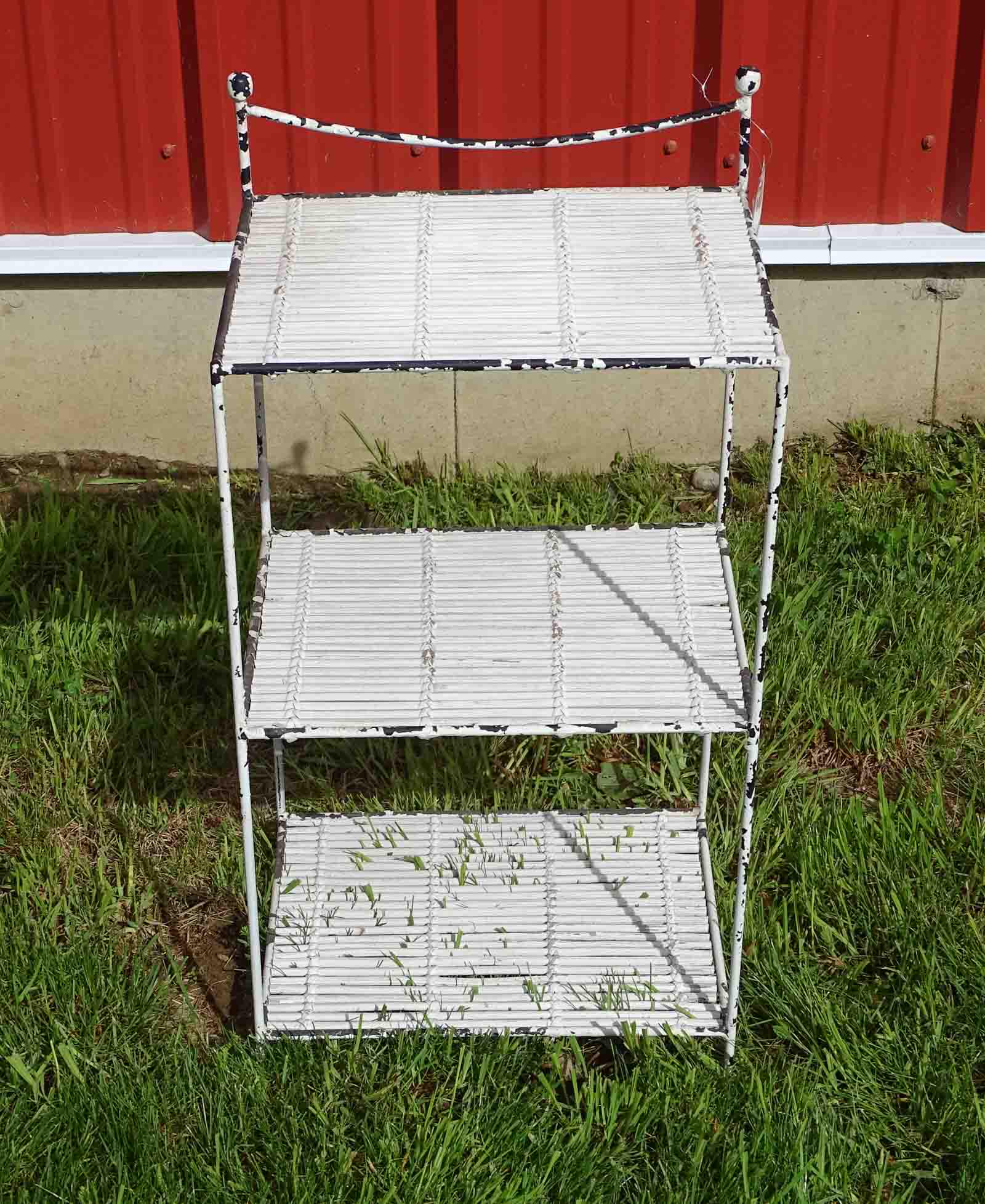Shelf: Metal and wood side shelf. 16" W. x 12" D. x 31 1/2" Ht..