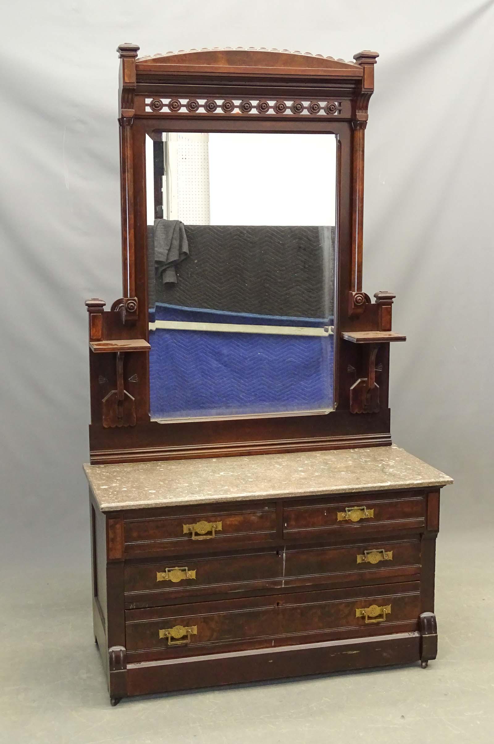 Victorian Marble Top Dresser: Victorian Eastlake marble top dresser with mirror. 45" x 19 1/2" x 83".