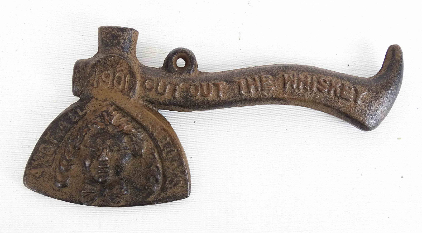 Cast Iron Stove Advertising Axe: Restrike Cast iron Art Stove advertising axe, Detroit Michigan, dated 1901 marked "CUT OUT THE WHISKEY". 9" L..
