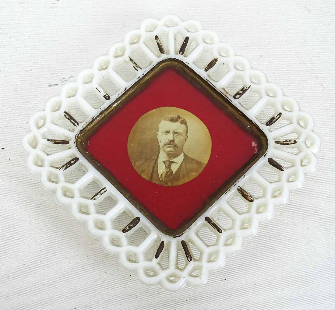 Teddy Roosevelt Glass Dish: Teddy Roosevelt milk glass dish with Sepia photo under glass. Marked 110 underside. 5" x 5".