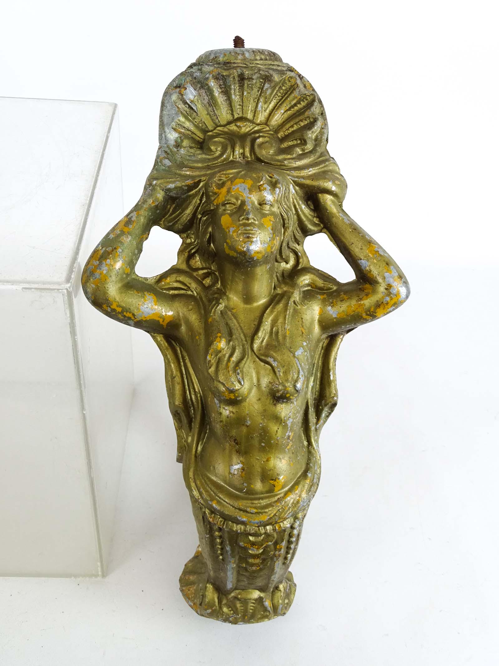 Mermaid Metal Sculptural Figure: Mermaid. Gilt Metal. Vintage or antique relic from a larger object such as fountain or lamp. 12" D., 17" Ht..