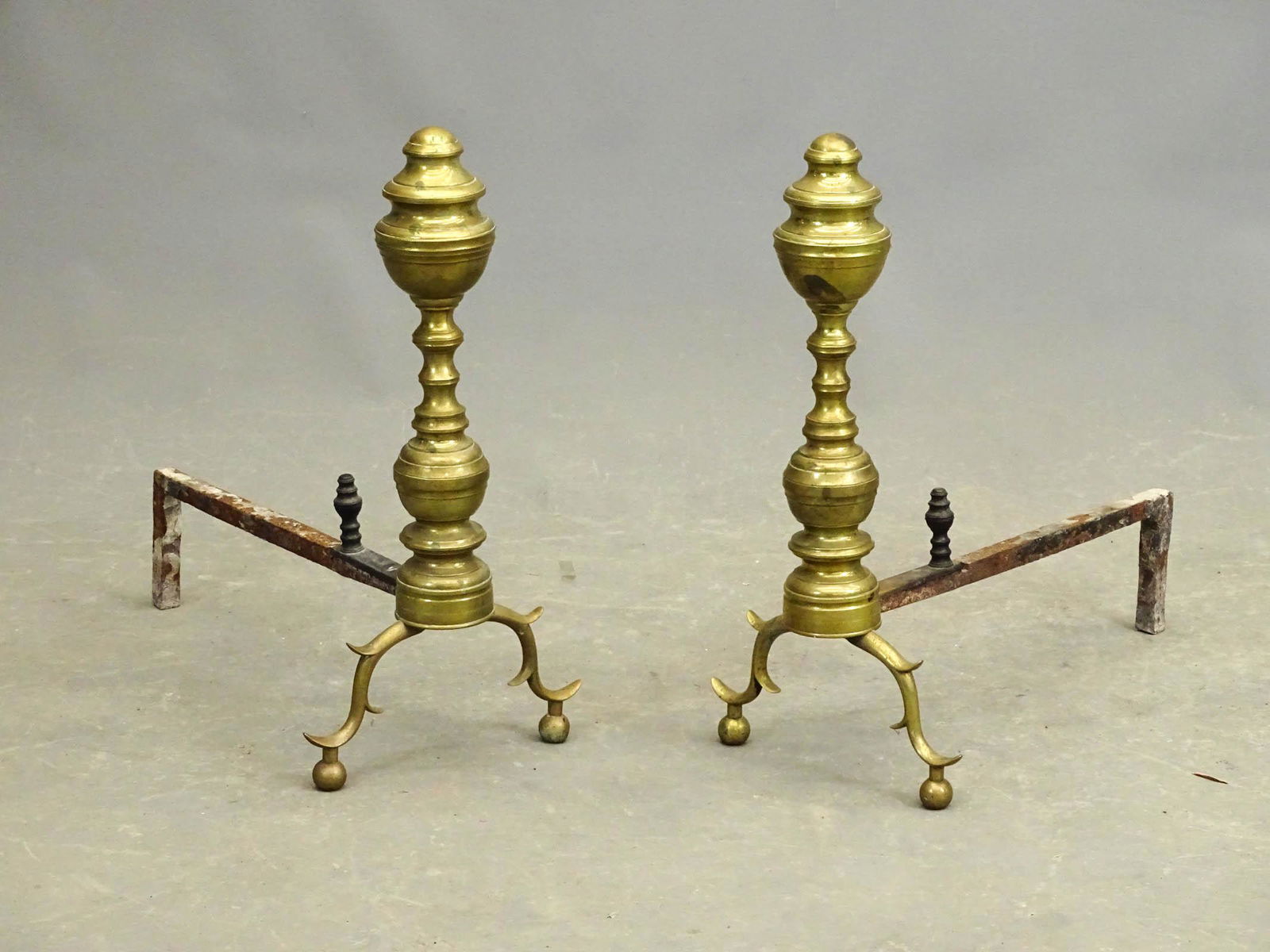 19th c. Empire Brass Andirons: Pair of 19th c. Empire brass beehive andirons. 20 1/2" Ht., 20" D..