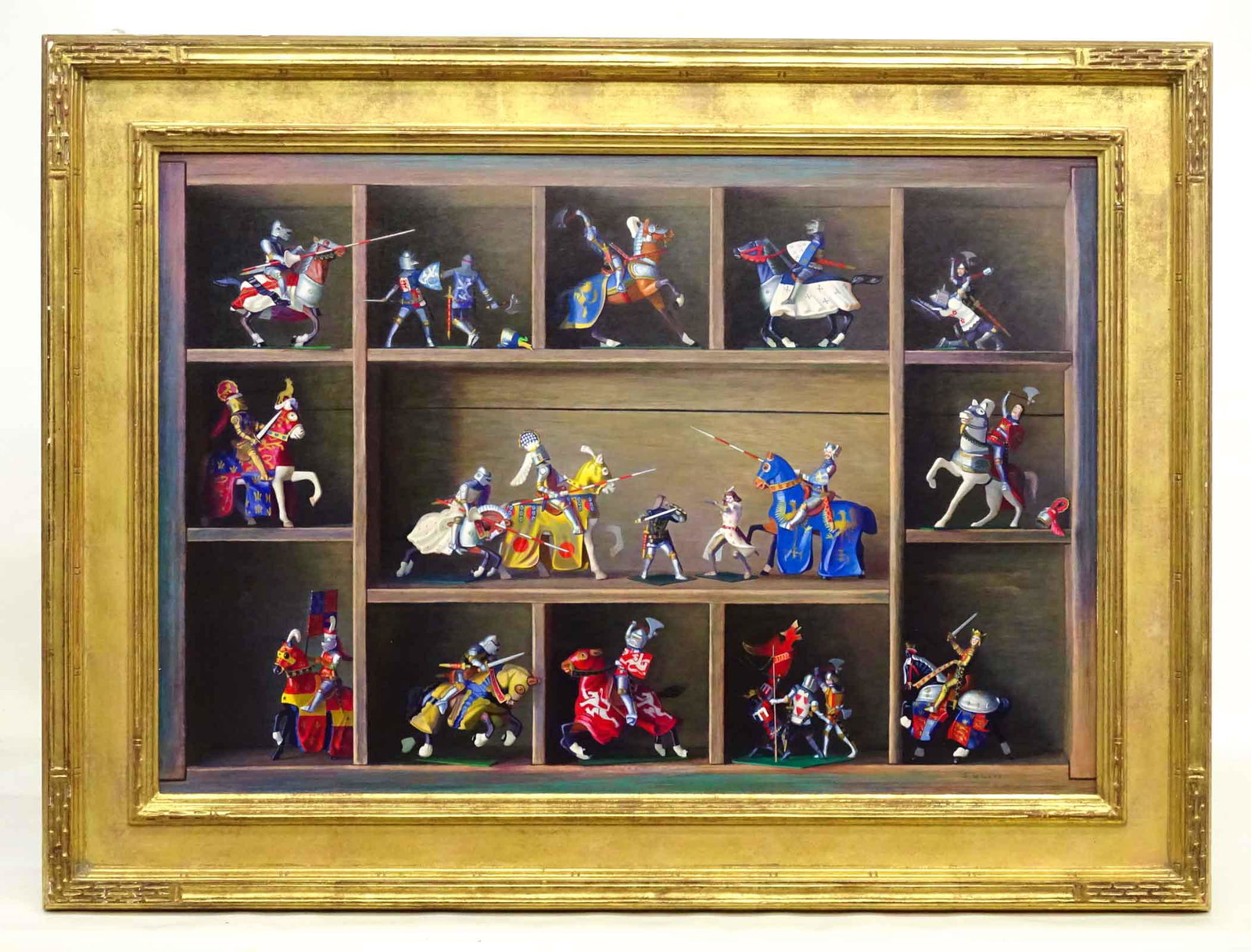 S. Willis (20th Century): S. Willis (20th Century), toy knights on shelf, oil on panel, marked verso in marker "Eastham Collection A991". 20" x 29", frame overall 26 1/2" x 35 1/2".