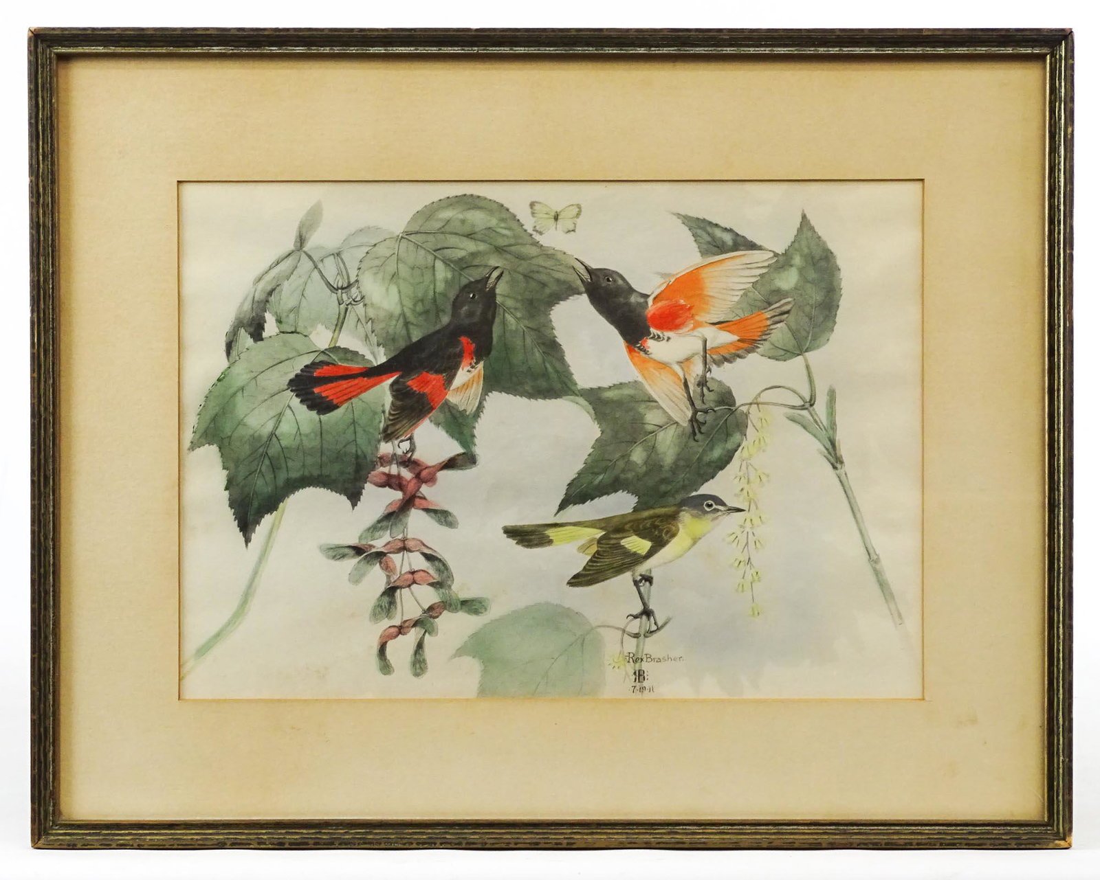 Rex Brasher (Ct. 1869-1960): Rex Brasher (Ct. 1898-1970), birds, watercolor, signed and dated. Sight 9 1/2" x 13 1/2", overall 15" x 19".