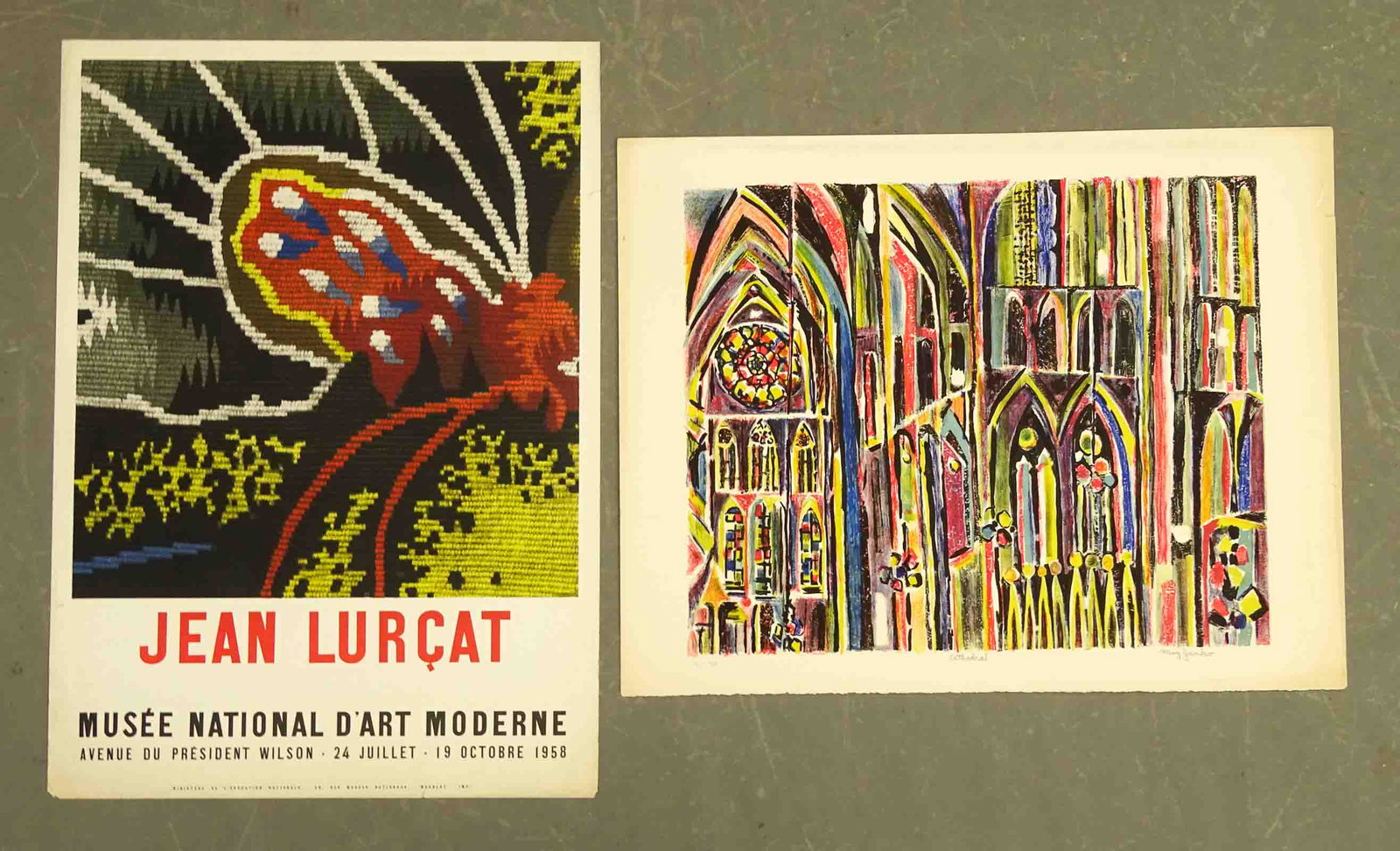 Poster Lot: Lot including poster "JEAN LURCAT" (1958, 29" x 20 1/2"), along with lithograph "Cathedral" (signed Mary Janko, 21" x 27"), sleeve included.
