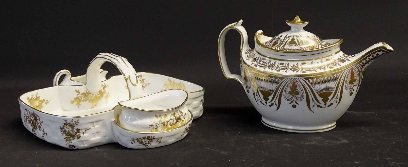 Coalport Teapot: C. 1805 Coalport teapot (spout flake), C. 1900 6 1/2" Hemmersley for Tiffan & Co. tea tray with cream and sugar (10" x 11").